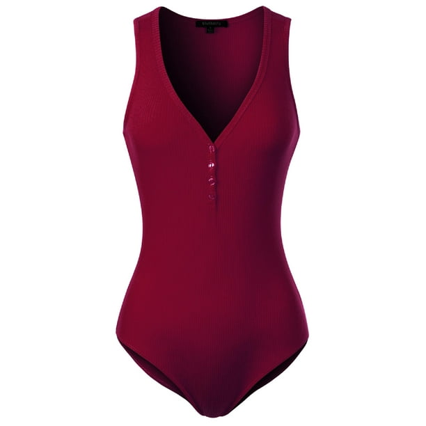 MixMatchy Womens Button Trim V-Neck Sleeveless Body-con Jumpsuit Bodysuit